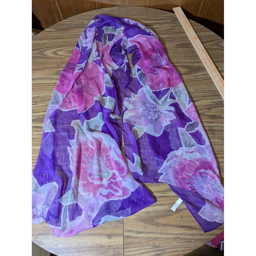 Collection XVIII Purple Pink Floral Scarf Gold Metallic Shimmer Sheer Oblong